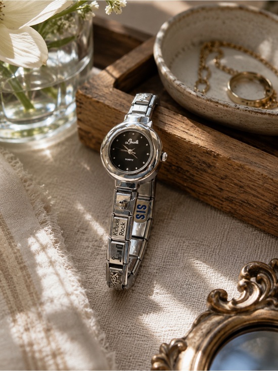 Other - Vintage Silver-Tone Black Dial Quartz charm Bracelet Watch